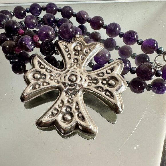 Maltese Cross Sterling Silver Genuine Ruby Tahitian Pearls Amethyst Necklace 925 - Picture 10 of 10